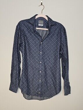 Thomas Dean 100% Cotton Button Front Shirt Chambray Size Small Blue Print